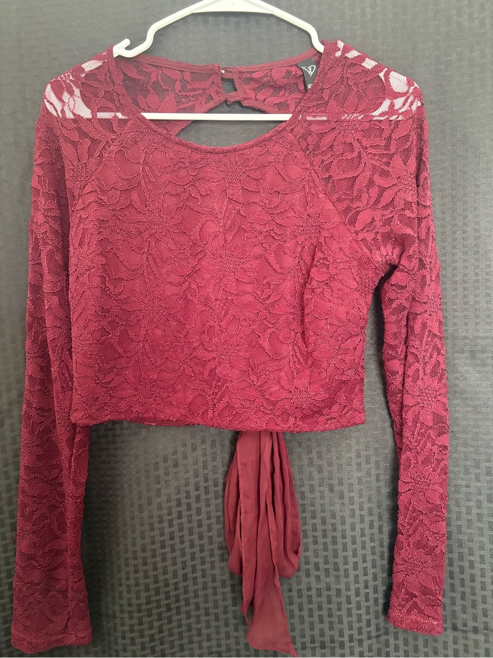Windsor Burgundy Lace Long-Sleeve Crop Top with Tie Back